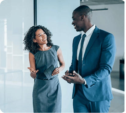 Professionals in conversation in a modern office setting