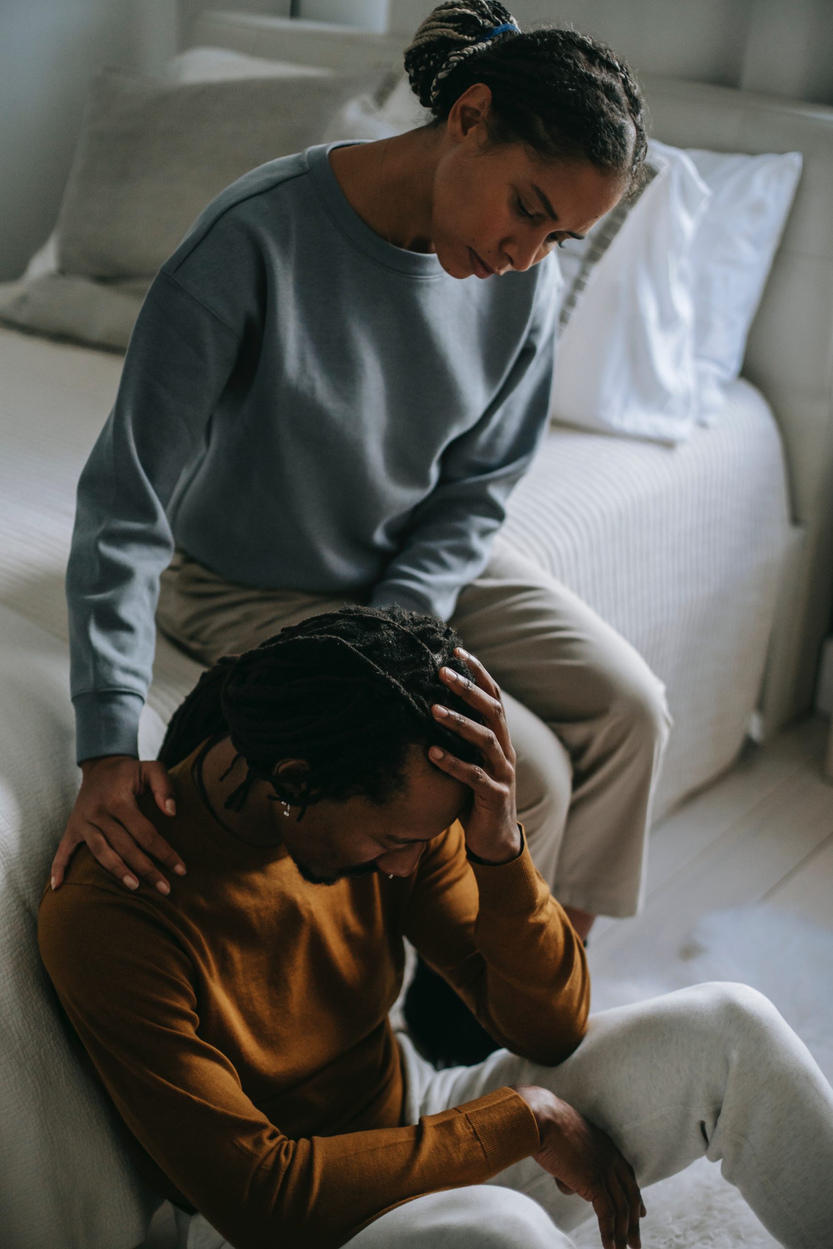 Photo by Alex Green: https://www.pexels.com/photo/black-wife-supporting-depressed-unhappy-husband-in-bedroom-5700181/